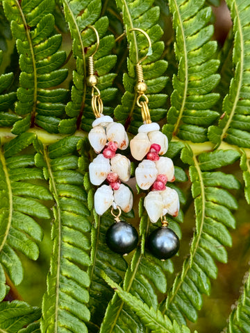 SALE $99 • NIIHAU SHELL HELECONIA + BLACK PEARL EARRING